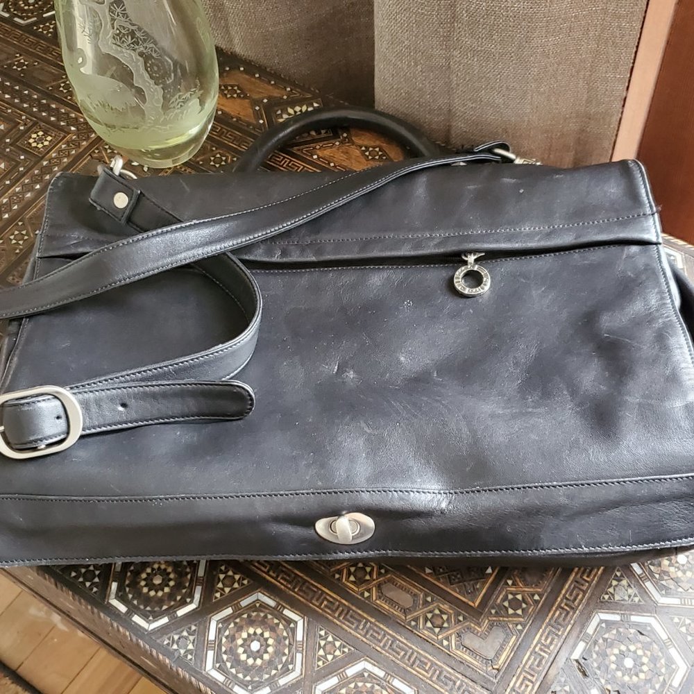 Lisa Loren black leather briefcase pewter tone